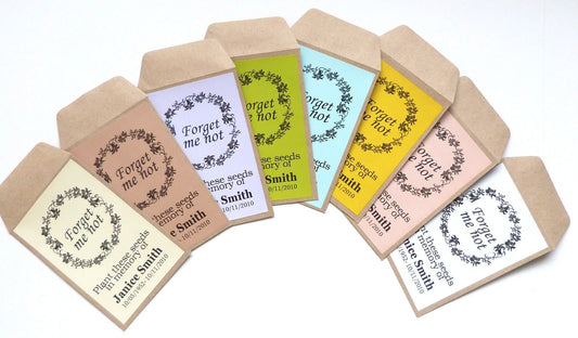 10 x funeral seed packets- forget me not personalised envelopes and stickers