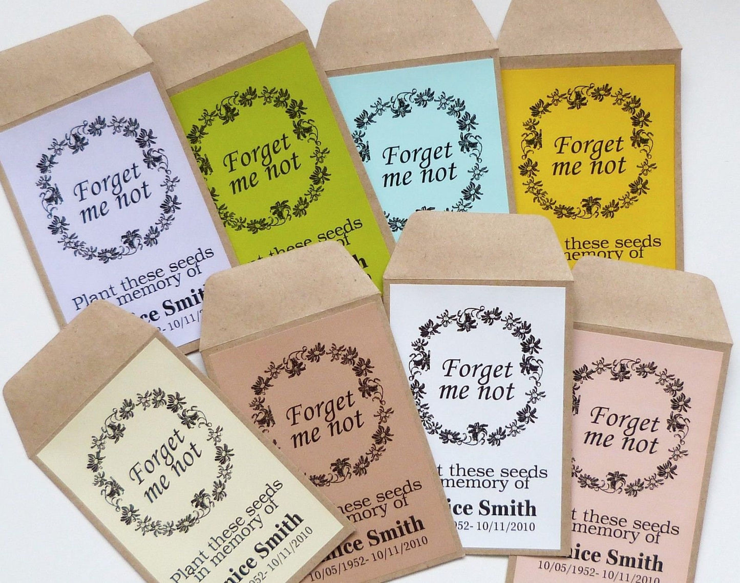 50 x funeral seed packets- forget me not personalised envelopes and stickers