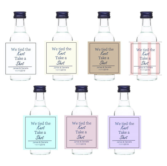 Wedding favour alcohol bottles and personalized stickers labels- we tied the knot take a shot