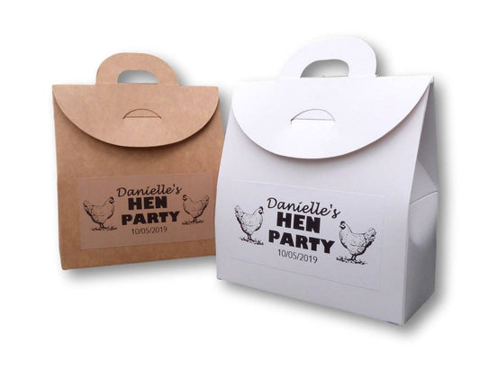 10 x personalised hen party box bags name and date kraft white hen gift party