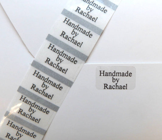 100 x small clear personalised handmade by labels- seals 22 x 14mm
