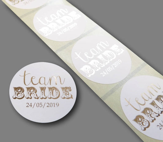 35 x 45mm round gold foil printed team bride stickers with personalised date