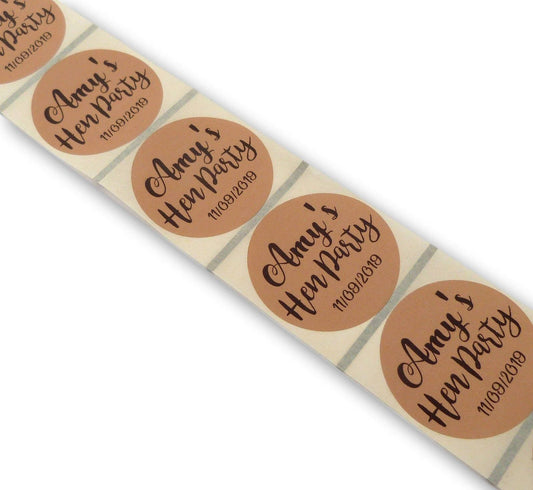 50 x hen party stickers personalised name and date- kraft brown labels