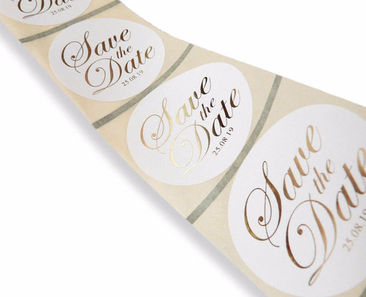 72 x Personalised round 45mm gold foil printed save the date stickers labels seals