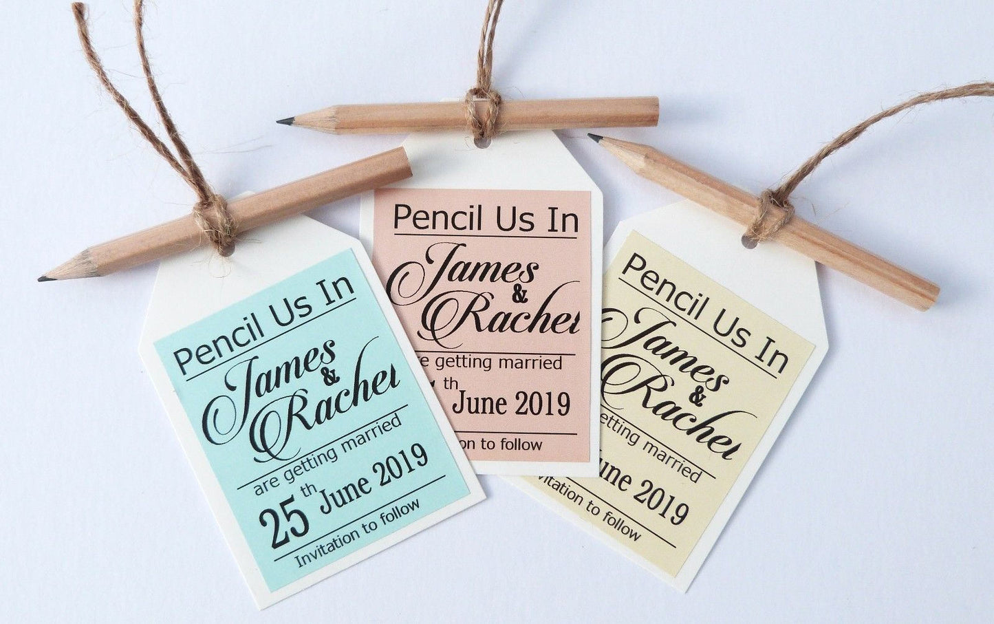 10 x Personalised pencil us in save the date tags and envelopes wedding invitation pink blue cream kraft white