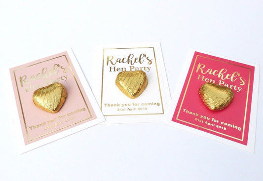 10 x Personalised A7 hen party favor gold foil printed thank you with chocolate hearts