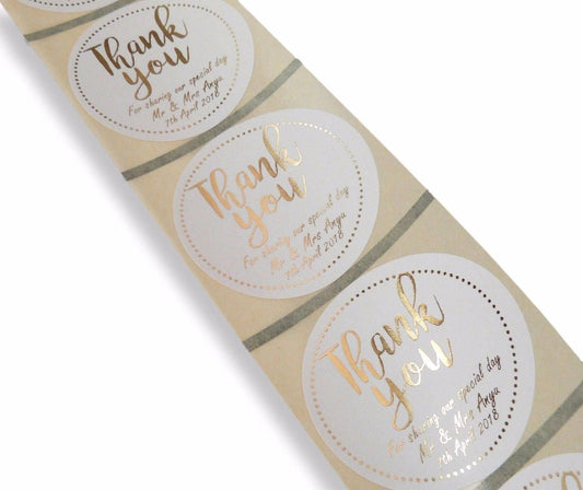 50 x  45mm Personalised gold foil thank you wedding labels- sharing our special day white