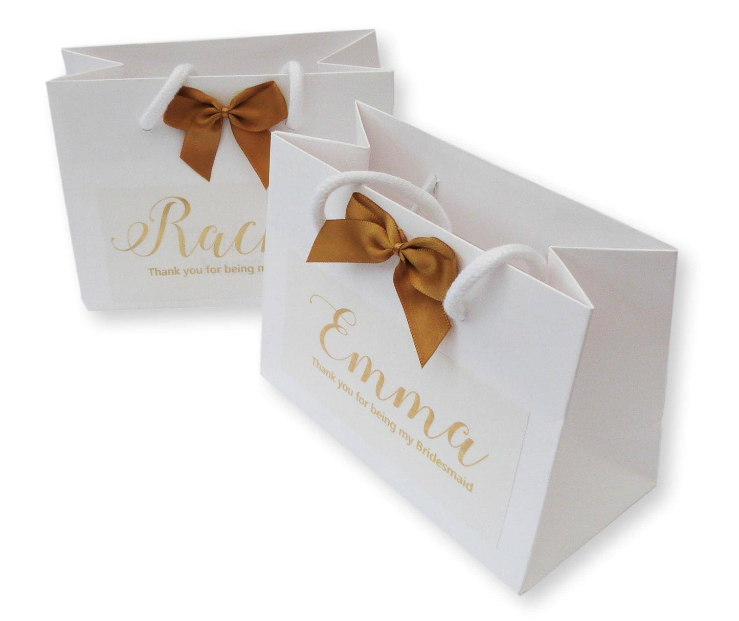 Personalised gold foil printed gift bag white with gold ribbon wedding favour gift bags