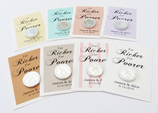 120x Personalised for richer for poorer wedding favour tags with chocolate coin