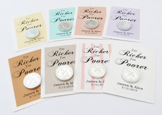 100 x Personalised for richer for poorer wedding favour tags with chocolate coin