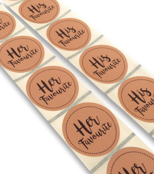 50 x  Brown kraft 45mm his favorite her favorite wedding stickers 25 of each label favour bag seals