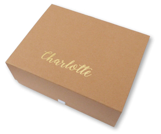 Large kraft brown personalised gold foil christmas eve name box magnetic with ribbon tab