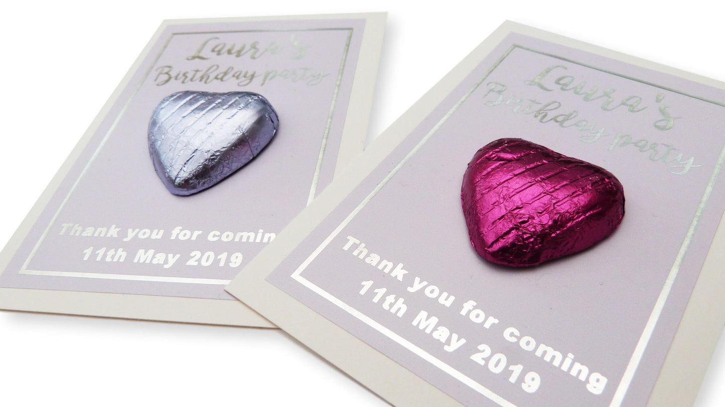 10 x Silver foil personalised birthday favour cards girls lilac pink thank you for coming chocolates