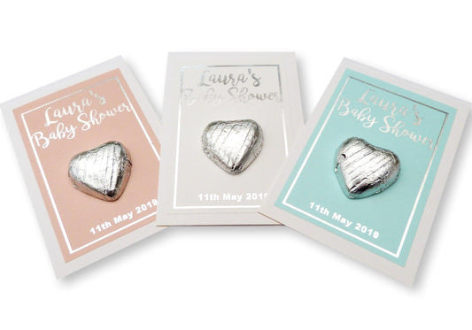 10 x Personalised silver foil printed baby shower thank you cards favours with milk chocolate hearts