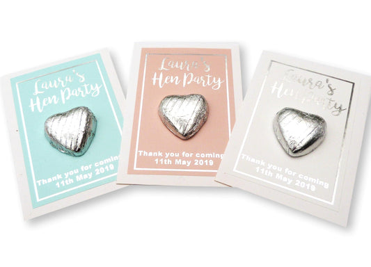10 x Personalised silver foil printed hen party thank you cards with milk chocolate hearts
