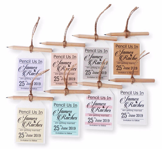 10 x Personalised pencil us in save the date tags and envelopes wedding invitation pink blue cream kraft white