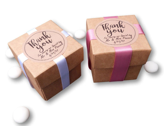 50 x personalised brown kraft 2 inch favour boxes, personalised thank you label sticker table wedding favour