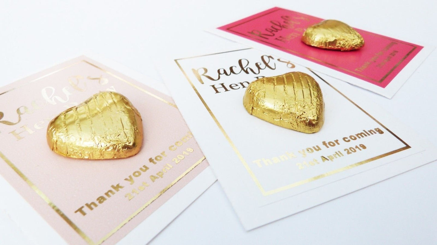 10 x Personalised A7 hen party favor gold foil printed thank you with chocolate hearts