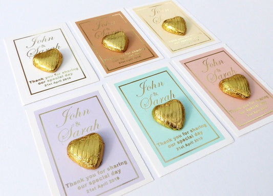 10 x Personalised wedding favour gold foil printed thank you names date & chocolate foil heart