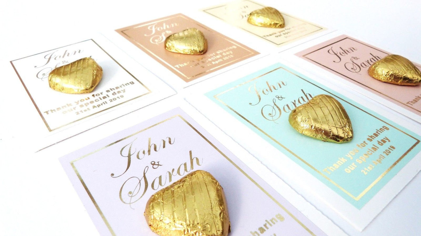 10 x Personalised wedding favour gold foil printed thank you names date & chocolate foil heart