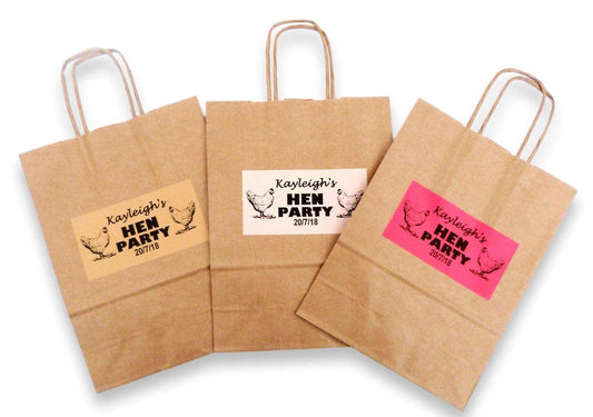 10 x personalised hen party brown bags kraft with pink white or hotpink labels
