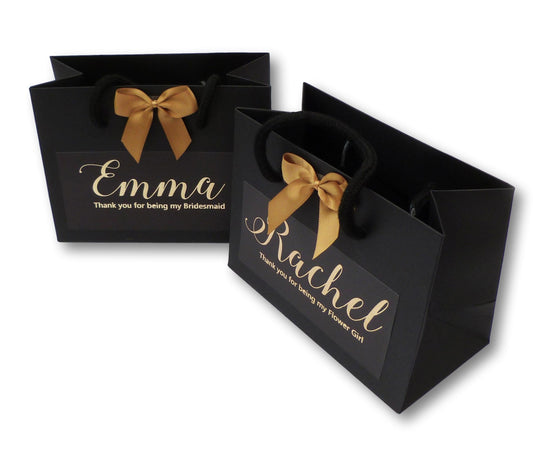personalised black gold foil printed gift bag, thank you for being bridesmaid gold ribbon bow