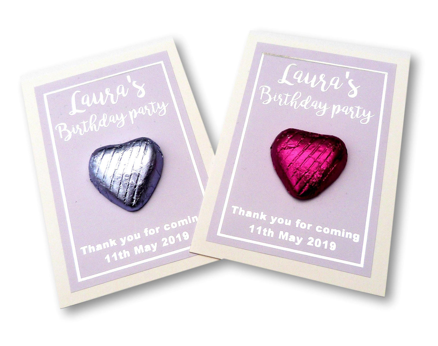 10 x Silver foil personalised birthday favour cards girls lilac pink thank you for coming chocolates