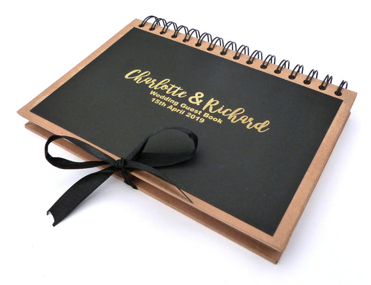 Personalised A5 brown / black wedding guest book with gold foil printed names and date