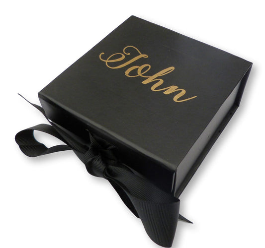 Personalised black magnetic box with ribbon gold foil print name wedding gift box best man groomsmen