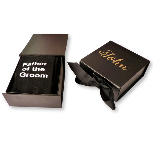 Personalised black wedding socks with gold foil printed name gift box and ribbon bow - cold feed groomsmen