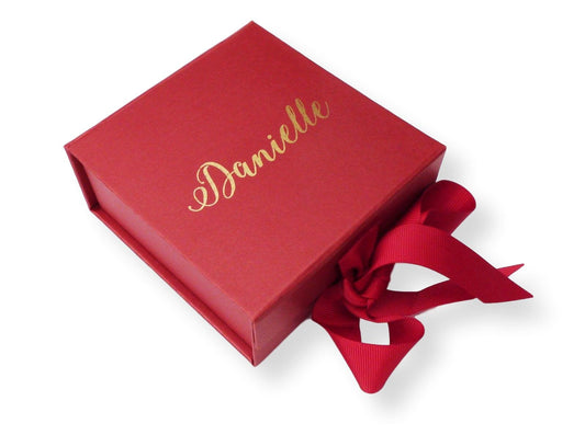 Personalised red gift box with ribbon tab gold foil printed name wedding christmas present box