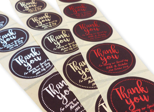 50 x Round black 45mm foil printed labels thank you gold silver red stickers weddings birthdays