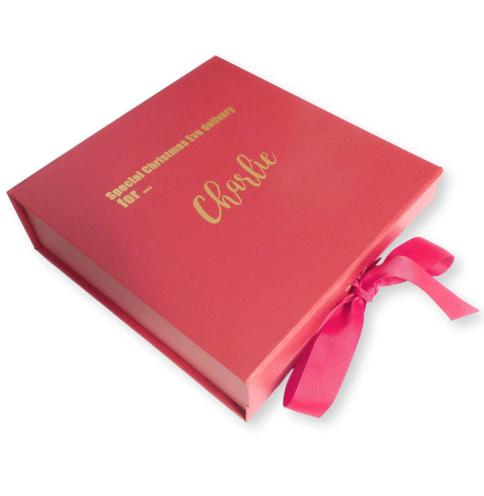 Personalised red christmas eve box gold foil name with ribbon and magnetic tab