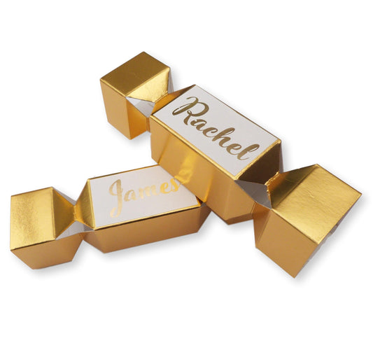 5 Small gold personalised cracker boxes foil print label table decoration