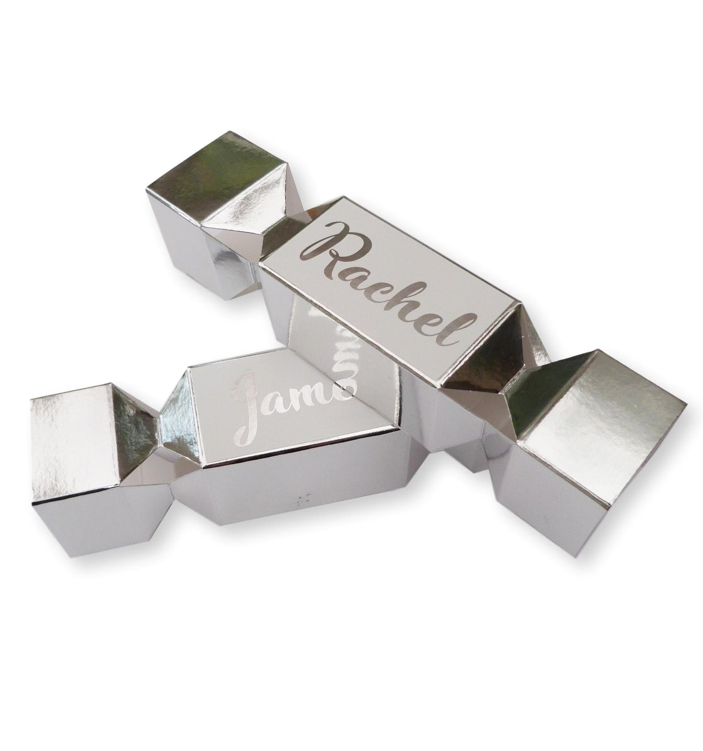 5 x  Small silver personalised cracker boxes foil print label table decoration