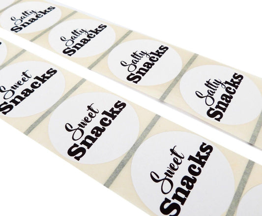 50 x 45mm round white sweet salty snacks label stickers table favour wedding gift