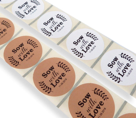 50 x 45mm round sow with love personalised date wedding labels stickers