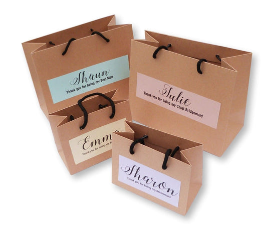 Small Personalised brown wedding gift bags colored label thank you bridesmaid best man