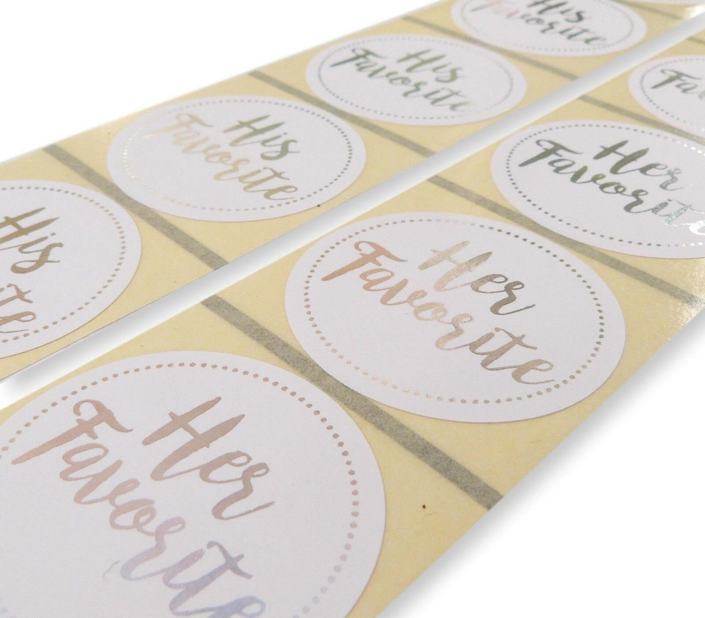 50 x his favorite her favorite gold / silver foil wedding stickers 25 of each label favour bag seals