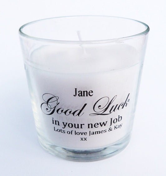 Personalised good luck candle new job gift name and message