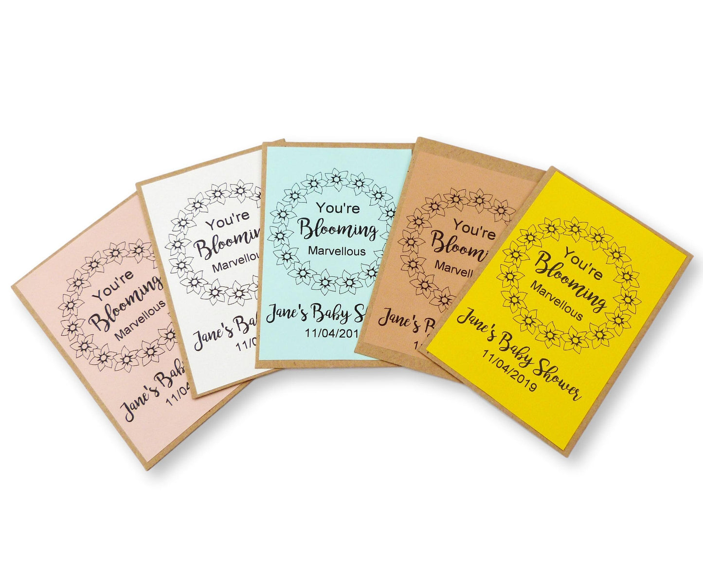 30 X Personalised baby shower favour youre blooming marvellous seed packet envelopes pink blue yellow