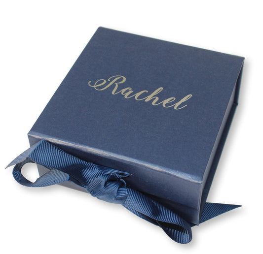 Personalised Navy Silver Foil printed gift box with ribbon and magnetic tab- Christmas Wedding gift