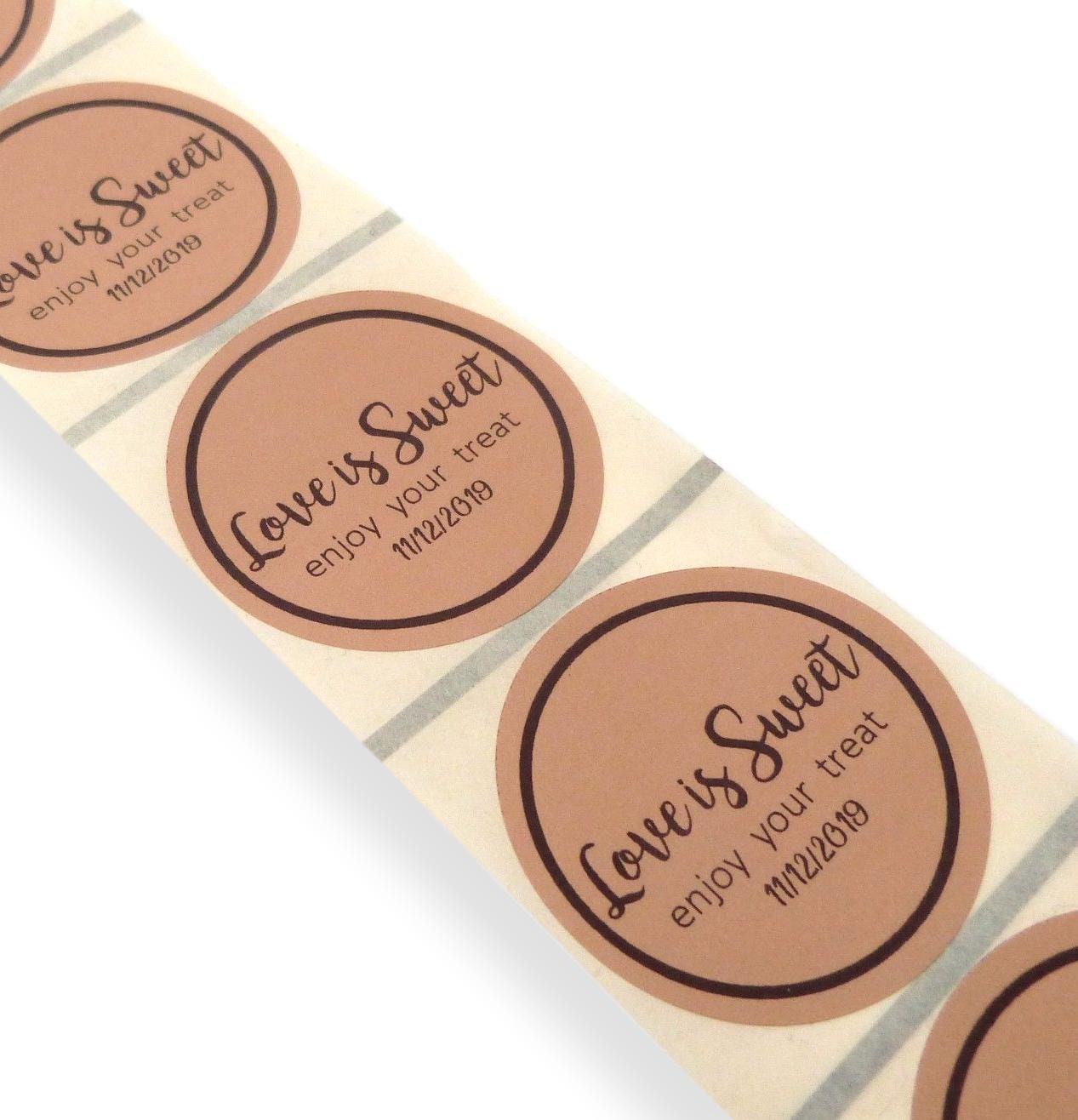 50 x 45mm round brown love is sweet personalised labels stickers wedding favour