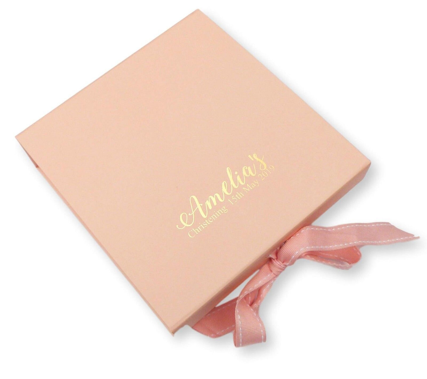 Personalised christening new baby gift box foil print gold / silver name date with ribbon tab