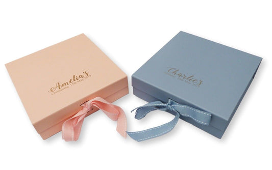 Personalised christening new baby gift box foil print gold / silver name date with ribbon tab