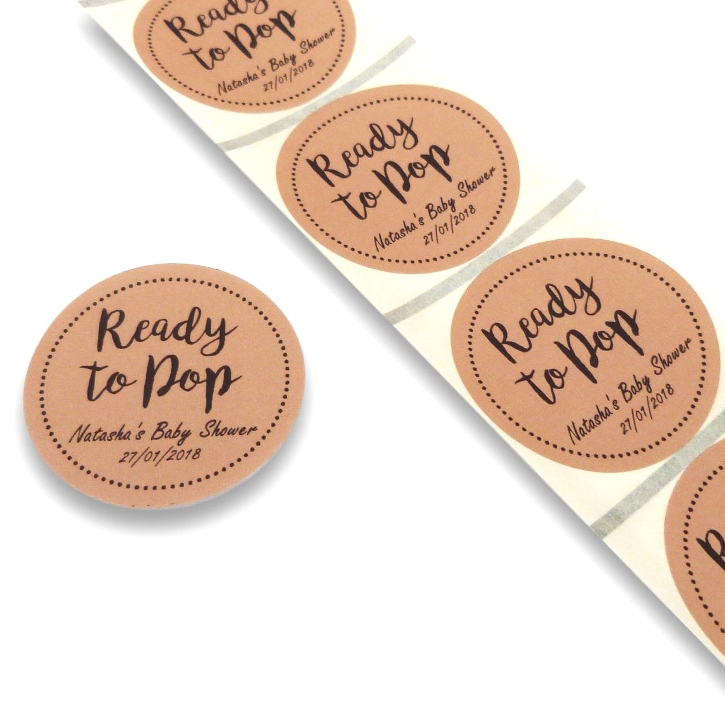 50 x 45mm round brown ready to pop baby shower personalised labels stickers