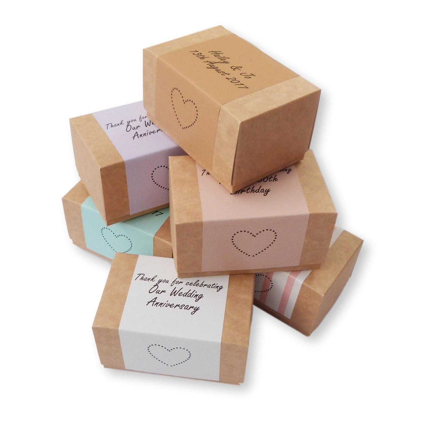 10 X Personalised white cake boxes with personalised coloured label wedding birthday party