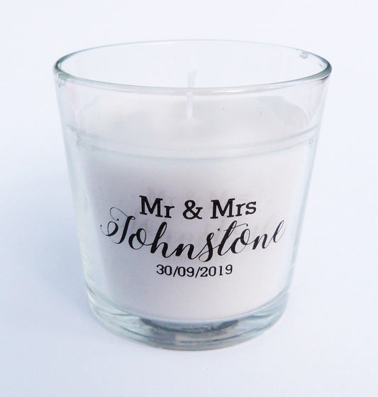 Personalised wedding gift scented candle Mr & Mrs custom name and date