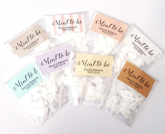 Personalised Mint to be coloured wedding favours table gift names date heart mints