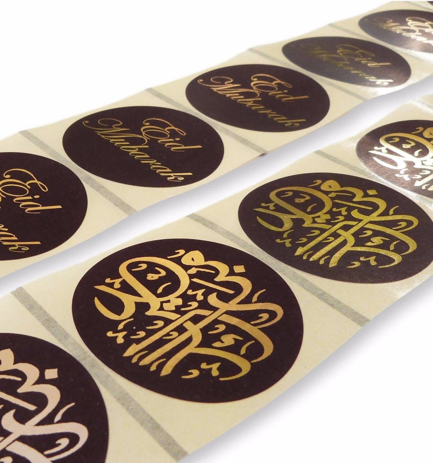 50 x 45mm Round black and Gold foil Eid Mubarak labels Islamic Muslim Ramadan Hajj stickers